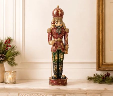 Casse-noisette décoratif bordeaux paillettes dorées couronne sceptre socle rond L11xP10xH39cm