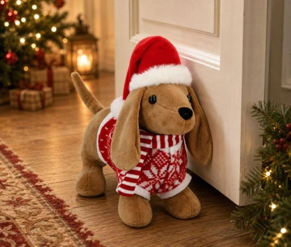 Cale-porte peluche chien teckel marron bonnet de Noël rouge blanc pull tricoté flocons écharpe rayée L33xP15xH25cm