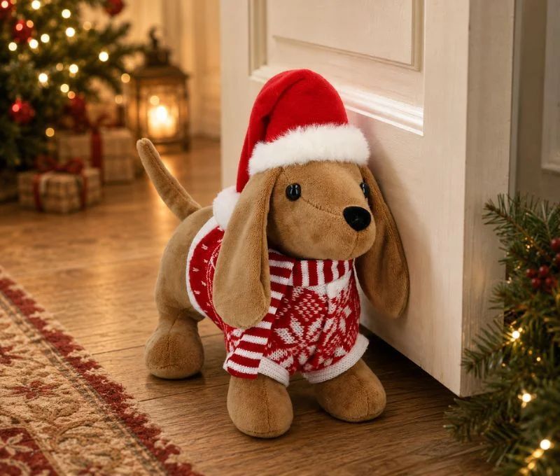 Cale-porte peluche chien teckel marron bonnet de Noël rouge blanc pull tricoté flocons écharpe rayée L33xP15xH25cm