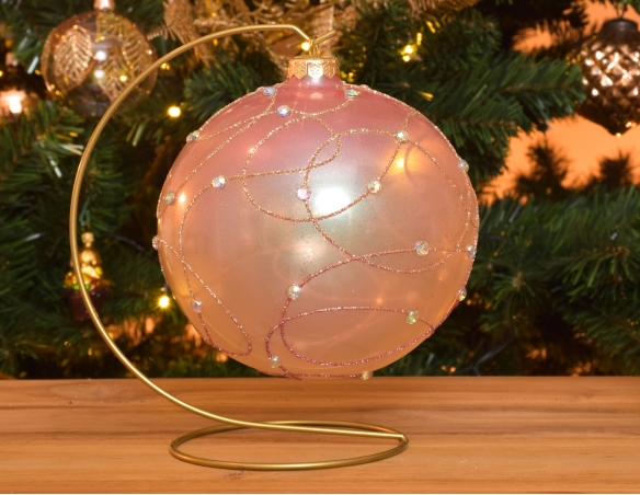 Grande boule de Noël décorative, 15cm de diamètre, dégradé de rose avec décors lignés en paillettes et strass