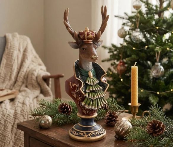 Buste de cerf décoratif couronne dorée veste bordeaux jabot vert socle bleu doré L13xP12xH39cm