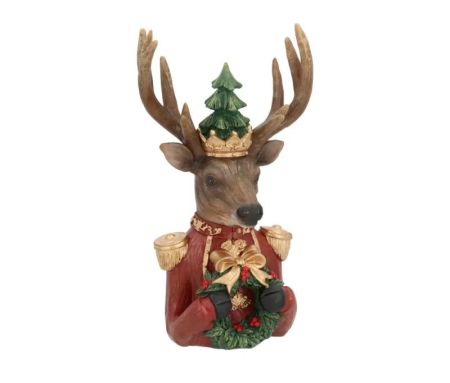 Buste de cerf décoratif couronne dorée sapin veste bordeaux épaulettes dorées couronne de houx nœud doré L13xP8xH23cm