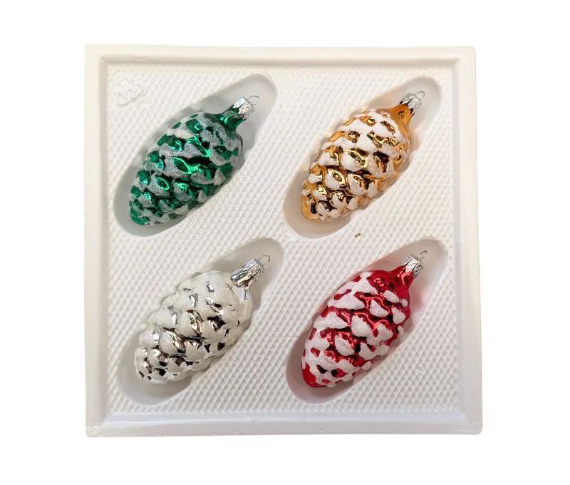 Set de 4 pommes de pin en verre soufflé peintes à la main vert or blanc rouge effet neige H8cm Ø3cm
