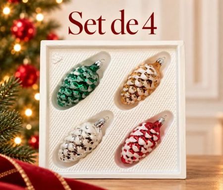 Set de 4 pommes de pin en verre soufflé peintes à la main vert or blanc rouge effet neige H8cm Ø3cm