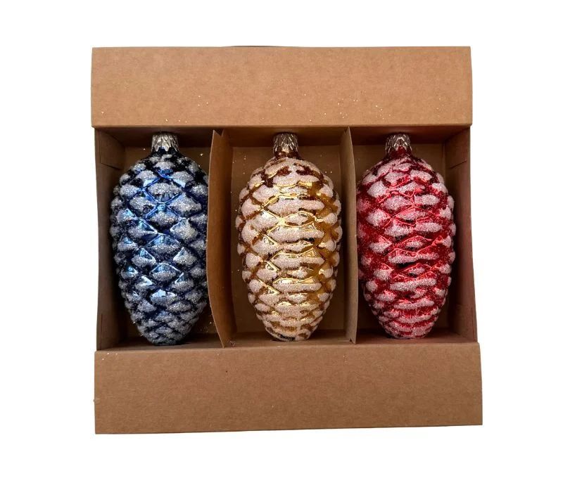 Set de 3 pommes de pin en verre soufflé peintes à la main bleu or rouge effet neige H13cm