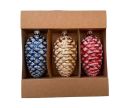 Voir la slide Set de 3 pommes de pin en verre soufflé peintes à la main bleu or rouge effet neige H13cm