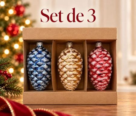 Set de 3 pommes de pin en verre soufflé peintes à la main bleu or rouge effet neige H13cm