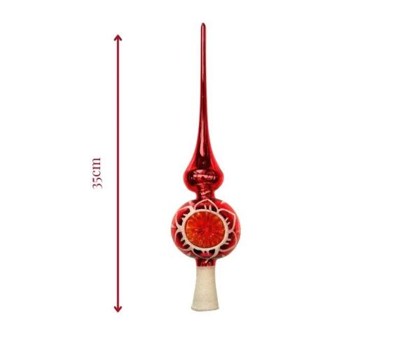 Cimier flèche de sapin en verre soufflé rouge vintage réflecteur central orange étoile socle blanc pailleté H35cm