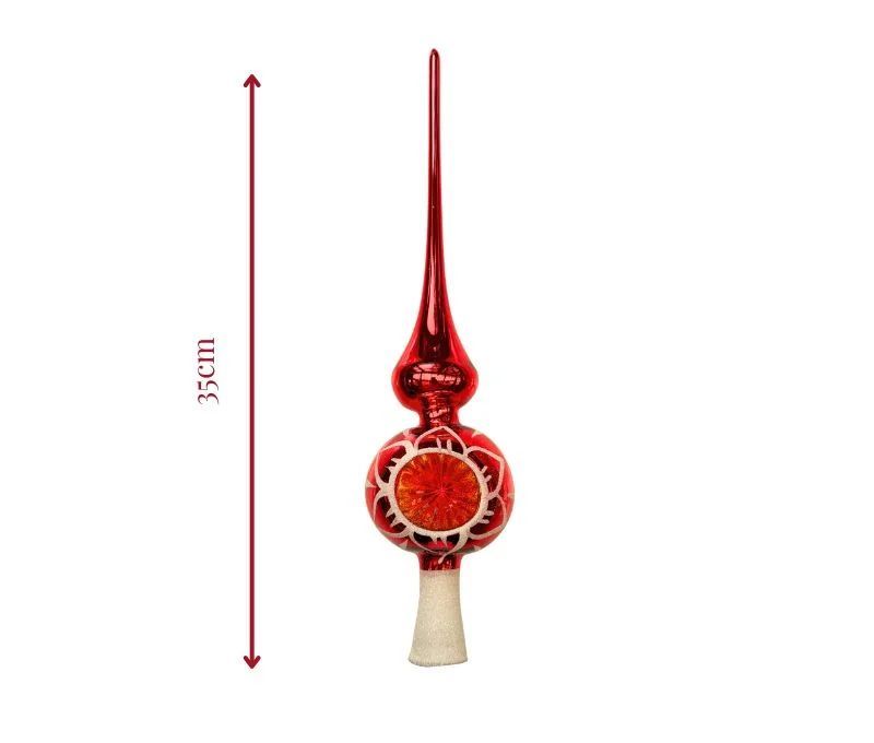 Cimier flèche de sapin en verre soufflé rouge vintage réflecteur central orange étoile socle blanc pailleté H35cm