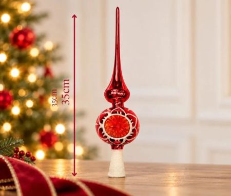 Cimier flèche de sapin en verre soufflé rouge vintage réflecteur central orange étoile socle blanc pailleté H35cm