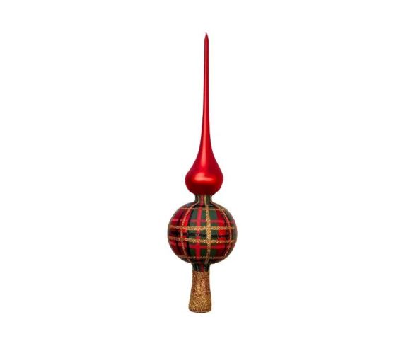 Cimier flèche de sapin en verre soufflé tartan rouge vert doré réflecteur central rouge étoilé socle doré pailleté H35cm