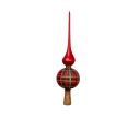 Voir la slide Cimier flèche de sapin en verre soufflé tartan rouge vert doré réflecteur central rouge étoilé socle doré pailleté H35cm