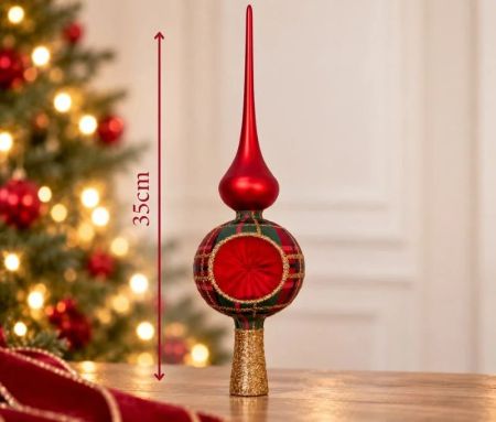 Cimier flèche de sapin en verre soufflé tartan rouge vert doré réflecteur central rouge étoilé socle doré pailleté H35cm