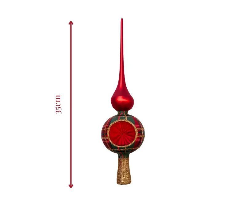 Cimier flèche de sapin en verre soufflé tartan rouge vert doré réflecteur central rouge étoilé socle doré pailleté H35cm