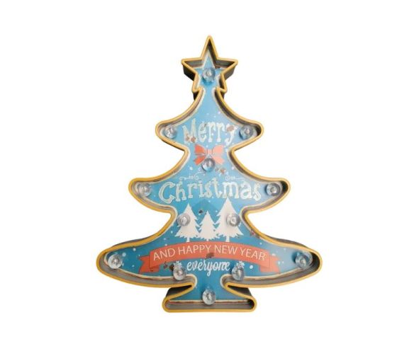 Décoration murale Noël sapin turquoise doré ruban orange Merry Christmas LED L38 x l5 x H48cm