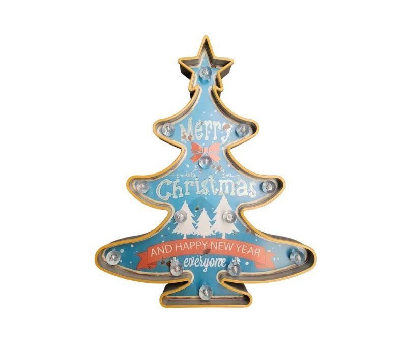 Décoration murale Noël sapin turquoise doré ruban orange Merry Christmas LED L38 x l5 x H48cm