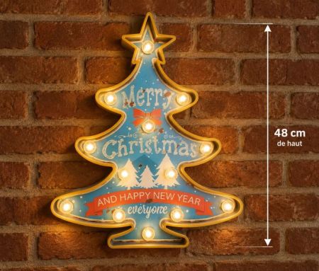 Décoration murale Noël sapin turquoise doré ruban orange Merry Christmas LED L38 x l5 x H48cm