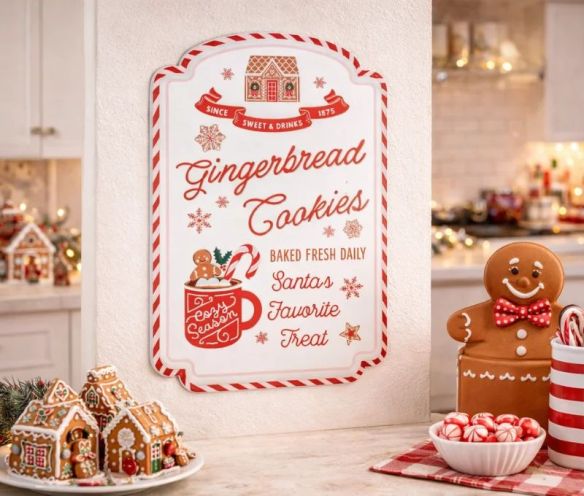 Christmas wall decoration metal white red Gingerbread Cookies house mug L36 x W2 x H51cm