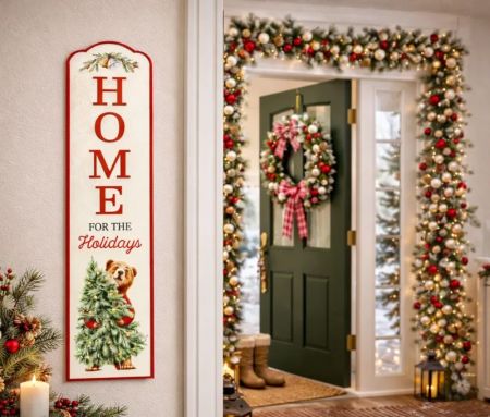 Christmas decoration metal sign ivory red bear tree Home for the Holidays L20 x W1 x H80cm