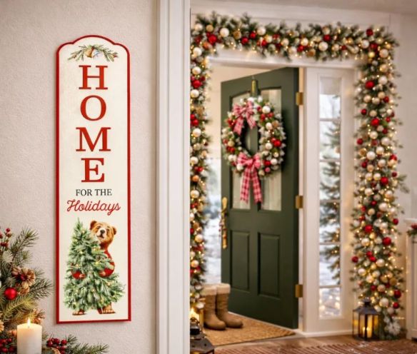 Décoration Noël plaque métal ivoire rouge ours sapin illuminé Home for the Holidays L20 x l1 x H80cm