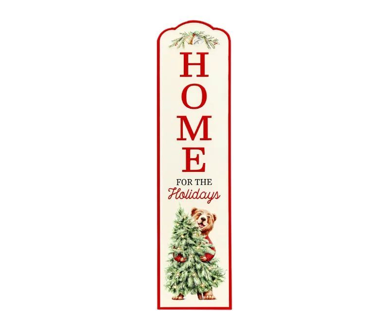 Décoration Noël plaque métal ivoire rouge ours sapin illuminé Home for the Holidays L20 x l1 x H80cm