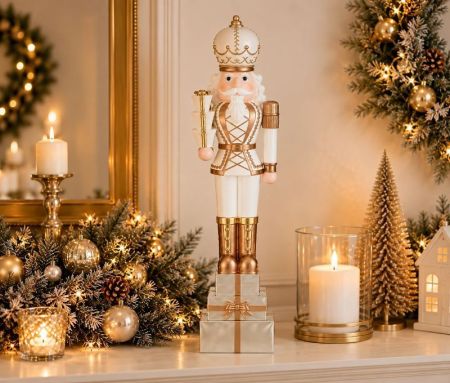Décoration Noël figurine casse-noisette blanc or cadeaux résine L13 x P10 x H50cm