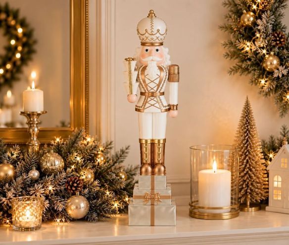 Décoration Noël figurine casse-noisette blanc or cadeaux résine L13 x P10 x H50cm