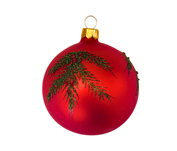 Décoration Noël boule verre mat rouge branche sapin pailletée baies rouges Ø8cm