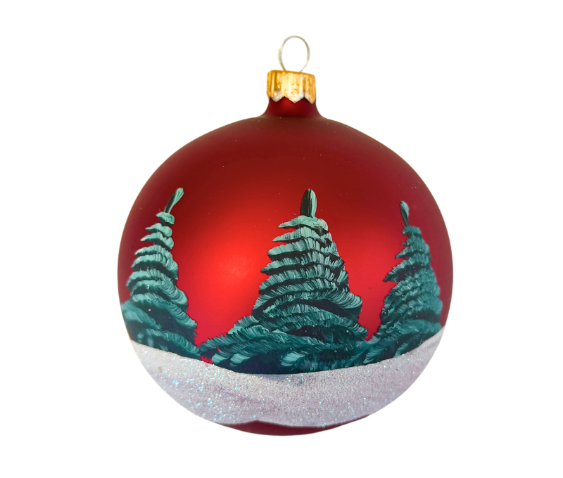 Décoration Noël boule verre mat rouge chalet enneigé sapins peinte main Ø10cm