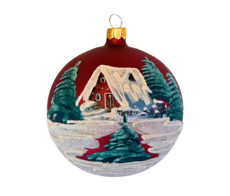 Décoration Noël boule verre mat rouge chalet enneigé sapins peinte main Ø10cm