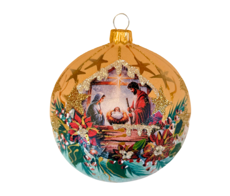 Décoration Noël boule verre soufflé nativité orange doré vert poinsettia Ø10cm