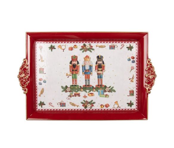 Décoration Noël plateau plastique rouge blanc doré casse-noisette L41 x l26 x H3cm