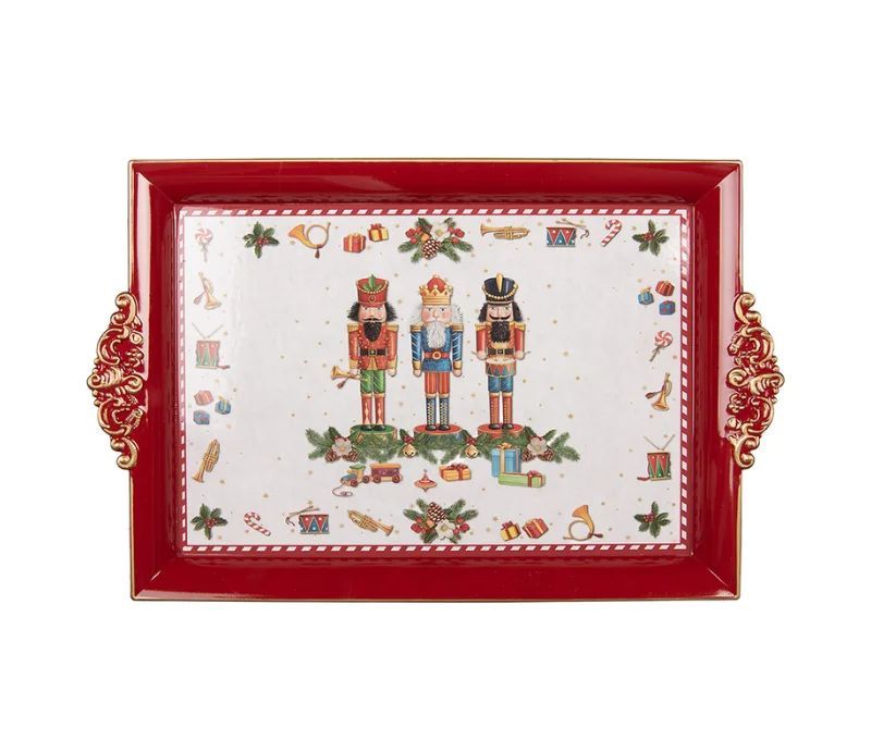 Décoration Noël plateau plastique rouge blanc doré casse-noisette L41 x l26 x H3cm