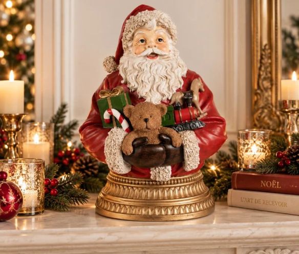 Décoration Noël buste Père Noël rouge blanc doré ours peluche jouets polyrésine H29cm