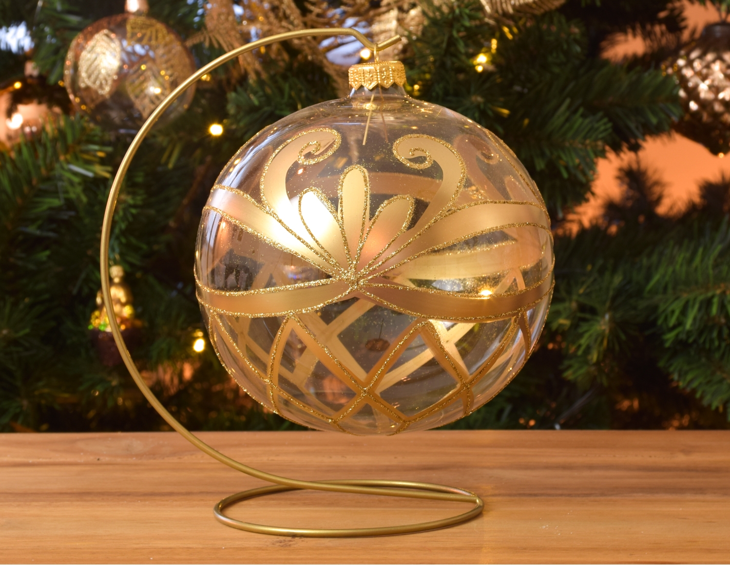 Grande boule de Noël transparente décor doré support inclus D 15cm