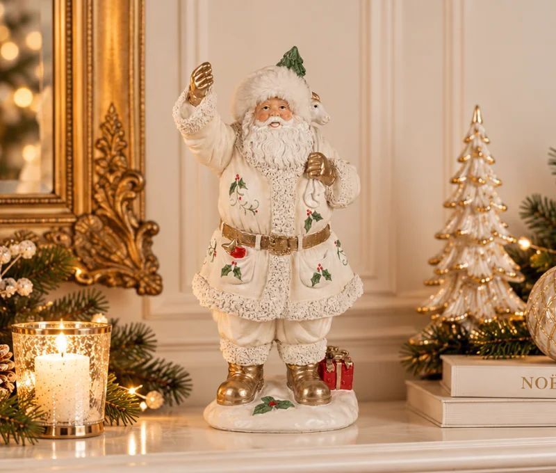 Décoration Noël figurine Père Noël blanc doré houx polyrésine H31cm