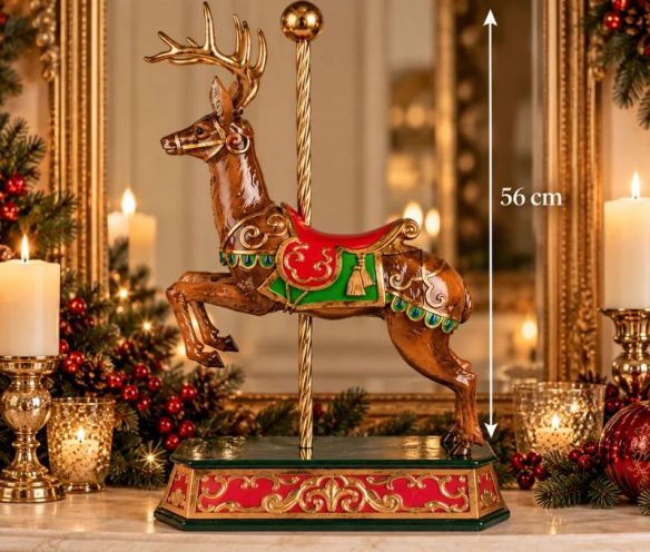Décoration Noël figurine cerf carrousel marron doré rouge vert polyrésine L35 x l18 x H56cm