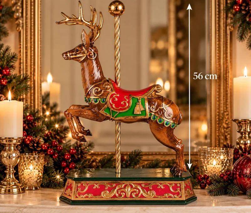 Décoration Noël figurine cerf carrousel marron doré rouge vert polyrésine L35 x l18 x H56cm