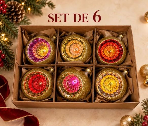 Décoration Noël coffret 6 boules verre soufflé doré pailleté réflecteur multicolore Ø8cm