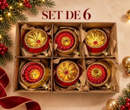 Décoration Noël coffret 6 boules verre rouge doré réflecteur facetté pailleté Ø8cm