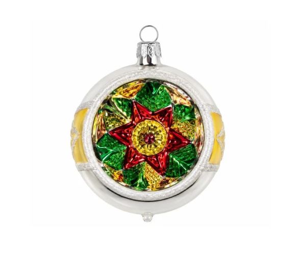 Décoration Noël boule vintage blanche jaune réflecteur facetté étoile rouge verte dorée Ø8cm