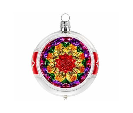 Décoration Noël boule vintage blanche rouge réflecteur facetté rosace fleur dorée verte violette Ø8cm