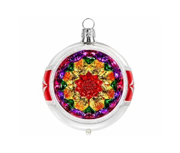 Décoration Noël boule vintage blanche rouge réflecteur facetté rosace fleur dorée verte violette Ø8cm