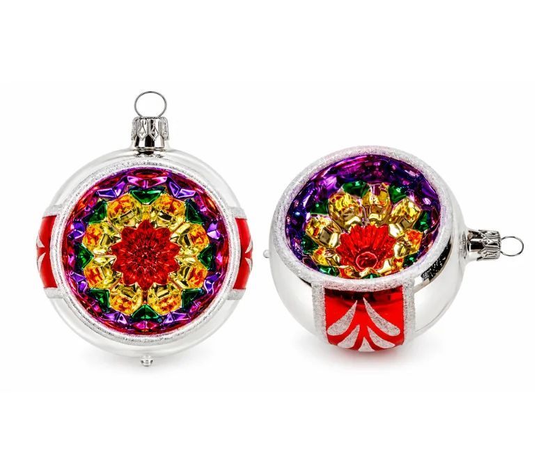 Décoration Noël boule vintage blanche rouge réflecteur facetté rosace fleur dorée verte violette Ø8cm