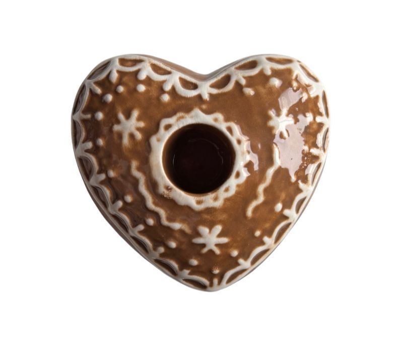 Christmas decoration ceramic heart candle holder brown white gingerbread effect L7 x H2cm