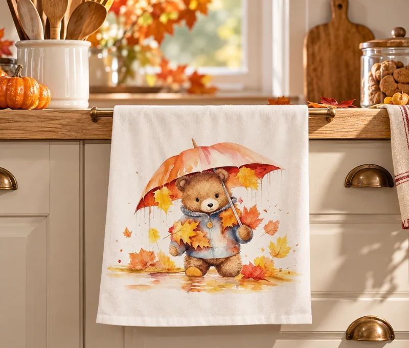 Essuie de cuisine coton blanc ourson parapluie orange feuilles d'automne 50x70cm