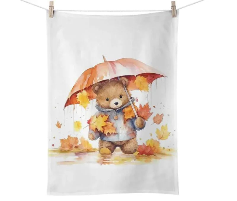 Essuie de cuisine coton blanc ourson parapluie orange feuilles d'automne 50x70cm