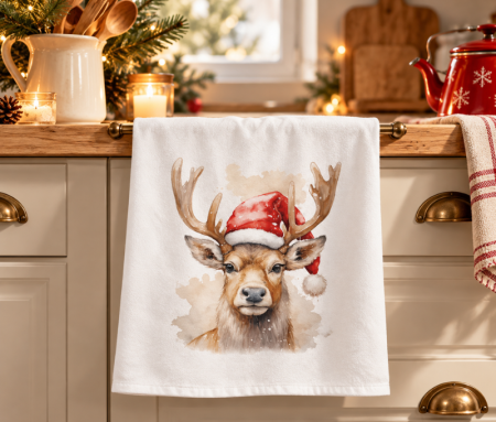 Essuie de cuisine coton blanc cerf aquarelle bonnet de Noël rouge flocons 50x70cm