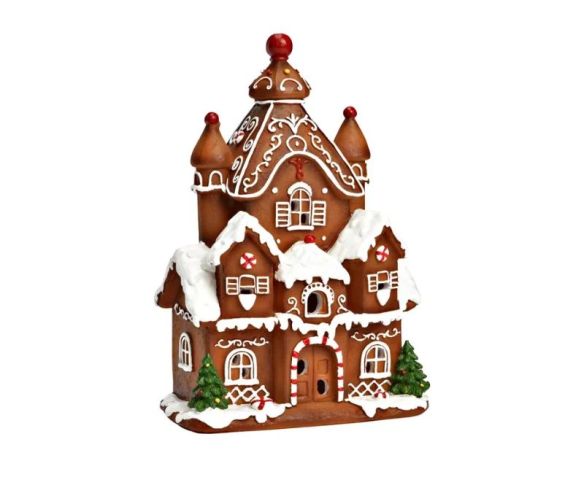 Décoration Noël château pain d'épices marron blanc LED sapins L13 x P9 x H20cm