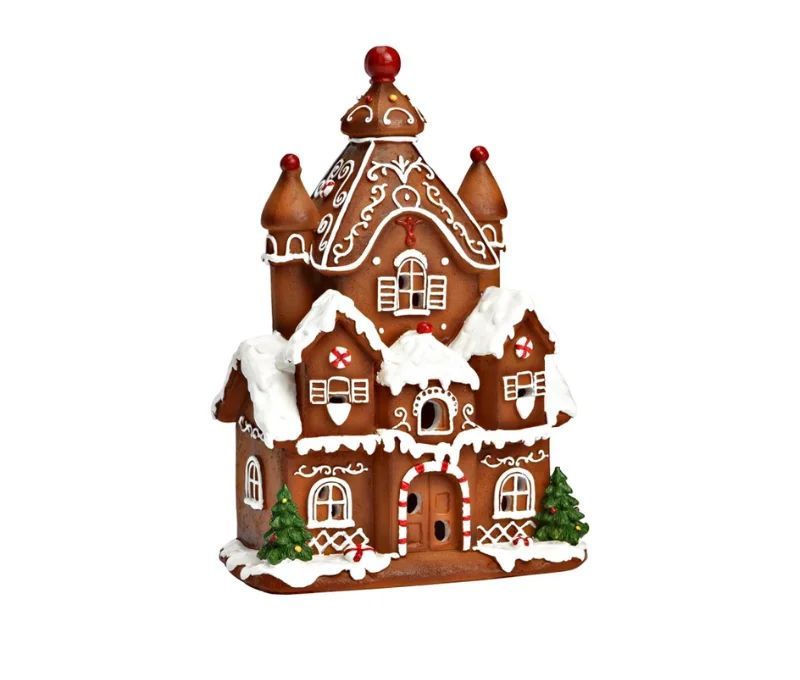 Décoration Noël château pain d'épices marron blanc LED sapins L13 x P9 x H20cm